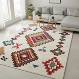 Carpettex Krem Ve Renkli Etnik Desenli Dijital Baskılı Halı Kaymaz Taban Modern Boho Tarz Salon Oda Halısı