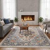 Carpettex Mavi-krem Otantik Halı Dijital Baskılı, Kaymaz Tabanlı, Yıkanabilir Leke Tutmaz Antibakteriyel Çok Renkli