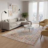 Carpettex Mavi Turuncu Vintage Desenli Dijital Baskılı, Kaymaz Tabanlı, Yıkanabilir Antibakteriyel Halı