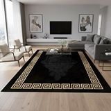 Carpettex Siyah Ve Altın Desenli Dijital Baskılı Halı Kaymaz Tabanlı Modern Geometrik Bordürlü Dekoratif Salon Ve Oda Halısı