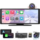 Carpurıde Kablosuz Carplay Ve Araç Kameralı Android Auto - 10,26" Hd Ips Araç Dokunmatik Ekranı, 4K Ön Ve 1080P Arka Kamera, Döngü Kayıt, Bluetooth Ses, Ayna Bağlantısı, Gps, Siri