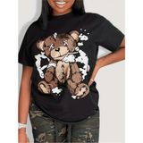 Cartoon Bear Baskılı Kadın T-Shirts - Siyah - XL