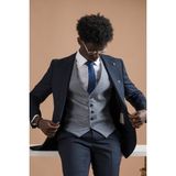 Carutte Slimfit Sivri Yaka Çift Pileli Dokulu Kumaş Yelek Kombinli Takım Elbise - Lacivert - 50 / 6