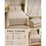 Caryum Yatak Örtüsü Çift Kişilik Pike & Battaniye & Ince Yorgan 2 Adet Yastık Kılıfı - Bodrum Mavisi - Turkuaz - bej-çizgili