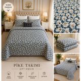 Caryum Yatak Örtüsü Çift Kişilik Pike & Battaniye & Ince Yorgan 2 Adet Yastık Kılıfı - Bodrum Mavisi - Turkuaz - Turkuaz-9300