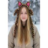 Caş Dekorasyon Karışık Renk Leopar Desenli Kulakları Oynayan Peluş Kulaklık