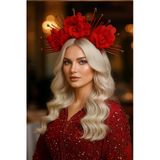 Caş Dekorasyon Kırmızı Renk Çiçekli Gelin Kına Nişan Söz Bride Tasarım Taç