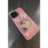 Caş Dekorasyon Pembe Renk Kalp Ve Kurdele Figürlü Aynalı 15 Pro Max Telefon Kılıfı