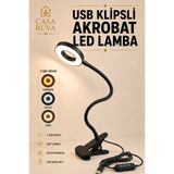 CASA RUVA USB Klipsli Akrobat LED Masa Lambası Dokunmatik Esnek Boyunlu Siyah Kitap Okuma, Çalışma ve Makyaj Lambası 3 Renk Işık -