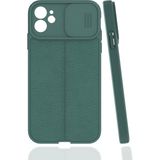 Case 4U Apple iPhone 11 Pro Max Kılıf Sürgülü Niss Slide Kamera Korumalı Deri Görünümlü Leke Tutmaz Lüks Silikon Yeşil
