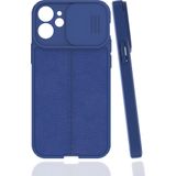 Case 4U Apple iPhone 12 Kılıf Sürgülü Niss Slide Kamera Korumalı Deri Görünümlü Leke Tutmaz Lüks Silikon Lacivert