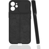 Case 4U Apple iPhone 12 Kılıf Sürgülü Niss Slide Kamera Korumalı Deri Görünümlü Leke Tutmaz Lüks Silikon Siyah