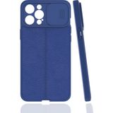 Case 4U Apple iPhone 12 Pro Max Kılıf Sürgülü Niss Slide Kamera Korumalı Deri Görünümlü Leke Tutmaz Lüks Silikon Lacivert
