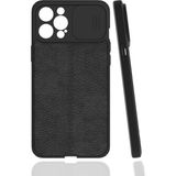 Case 4U Apple iPhone 12 Pro Max Kılıf Sürgülü Niss Slide Kamera Korumalı Deri Görünümlü Leke Tutmaz Lüks Silikon Siyah
