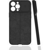 Case 4U Apple iPhone 13 Pro Max Kılıf Sürgülü Niss Slide Kamera Korumalı Deri Görünümlü Leke Tutmaz Lüks Silikon Siyah