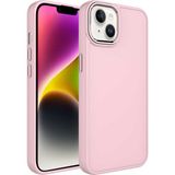 Case 4U Apple iPhone 14 Plus Kılıf Metal Çerçeve Hassas Butonlu Renkli Içi Kadife Lansman Kılıfı Luna Kapak Pembe