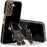 Case 4U Samsung Galaxy S21 Fe Kılıf Astronot Standlı Sevimli Parlak Altın Gold Kenarlı Tam Korumalı - Siyah