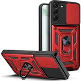 Case 4u Samsung Galaxy S22 Kılıf Ultra Korumalı Yüzüklü Manyetik Sürgülü Vega Kapak Kırmızı