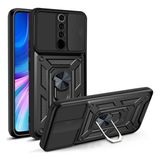 Case 4U Xiaomi Redmi 9 Kılıf Kamera Korumalı Sürgülü Vega Yüzüklü Armor Military Tank Zırh Siyah