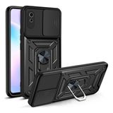 Case 4U Xiaomi Redmi 9A Kılıf Kamera Korumalı Sürgülü Vega Yüzüklü Armor Military Tank Zırh Siyah