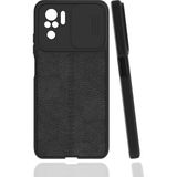 Case 4U Xiaomi Redmi Note 10 4g Kılıf Sürgülü Niss Slide Kamera Korumalı Deri Görünümlü Leke Tutmaz Lüks Silikon Siyah