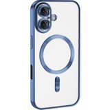Case World Apple iPhone 16 Plus Mag Safe Özellikli Lens Korumalı Logo Gösteren Şeffaf Luxury Silikon Kılıf -Mavi