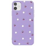 Casen iPhone 11 ile Uyumlu Mor Silikon Kılıf, Kiraz ve Çiçek Desenli, Kamera Korumalı