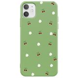 Casen iPhone 11 ile Uyumlu Yeşil Silikon Kılıf, Kiraz ve Çiçek Desenli, Kamera Korumalı