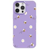 Casen iPhone 11 Pro Max ile Uyumlu Silikon Kılıf, Arı ve Çiçek Tasarımlı, Lila