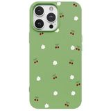 Casen iPhone 11 Pro Max ile Uyumlu Yeşil Silikon Kılıf, Kiraz ve Çiçek Desenli, Kamera Korumalı
