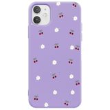Casen iPhone 12 ile Uyumlu Mor Silikon Kılıf, Kiraz ve Çiçek Desenli, Kamera Korumalı