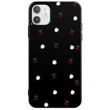Casen iPhone 12 ile Uyumlu Siyah Silikon Kılıf, Kiraz ve Çiçek Desenli, Kamera Korumalı