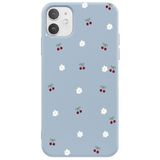 Casen iPhone 12 Mini ile Uyumlu Mavi Silikon Kılıf, Kiraz ve Çiçek Desenli, Kamera Korumalı