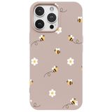 Casen iPhone 12 Pro ile Uyumlu Silikon Kılıf, Arı ve Çiçek Tasarımlı, Pudra Rengi