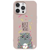 Casen iPhone 12 Pro ile Uyumlu Silikon Kılıf, Kedi Tasarımlı, Best Wishes Baskılı, Pudra Rengi