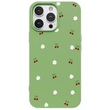 Casen iPhone 12 Pro ile Uyumlu Yeşil Silikon Kılıf, Kiraz ve Çiçek Desenli, Kamera Korumalı