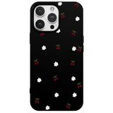 Casen iPhone 12 Pro Max ile Uyumlu Siyah Silikon Kılıf, Kiraz ve Çiçek Desenli, Kamera Korumalı