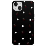 Casen iPhone 13 ile Uyumlu Siyah Silikon Kılıf, Kiraz ve Çiçek Desenli, Kamera Korumalı