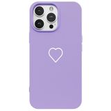 Casen iPhone 13 Pro ile Uyumlu Mor Silikon Kılıf, Beyaz Kalp Desenli, Kamera Korumalı