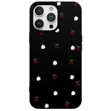Casen iPhone 13 Pro ile Uyumlu Siyah Silikon Kılıf, Kiraz ve Çiçek Desenli, Kamera Korumalı