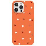 Casen iPhone 13 Pro ile Uyumlu Turuncu Silikon Kılıf, Kiraz ve Çiçek Desenli, Kamera Korumalı