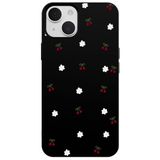 Casen iPhone 14 ile Uyumlu Siyah Silikon Kılıf, Kiraz ve Çiçek Desenli, Kamera Korumalı