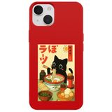 Casen iPhone 14 Plus ile Uyumlu Kırmızı Lansman Renkli Silikon Black Cat Tasarımlı Telefon Kılıfı, ip-14-plus
