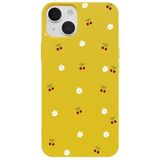 Casen iPhone 14 Plus ile Uyumlu Sarı Silikon Kılıf, Kiraz ve Çiçek Desenli, Kamera Korumalı