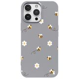Casen iPhone 14 Pro ile Uyumlu Silikon Kılıf, Arı ve Çiçek Tasarımlı, Gri