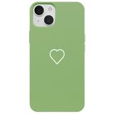 Casen iPhone 15 ile Uyumlu Yeşil Silikon Kılıf, Beyaz Kalp Desenli, Kamera Korumalı