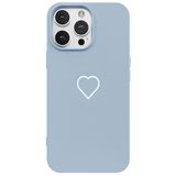 Casen iPhone 15 Pro ile Uyumlu Mavi Silikon Kılıf, Beyaz Kalp Desenli, Kamera Korumalı