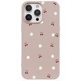 Casen iPhone 15 Pro Max ile Uyumlu Pudra Silikon Kılıf, Kiraz ve Çiçek Desenli, Kamera Korumalı