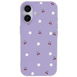 Casen iPhone 16 ile Uyumlu Lila Silikon Kılıf, Kiraz ve Çiçek Desenli, Kamera Korumalı