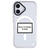 Casen iPhone 16 ile Uyumlu MagSafe Şeffaf Silikon Kılıf, Arty Beyaz, Allergic Yazılı, Kamera Korumalı